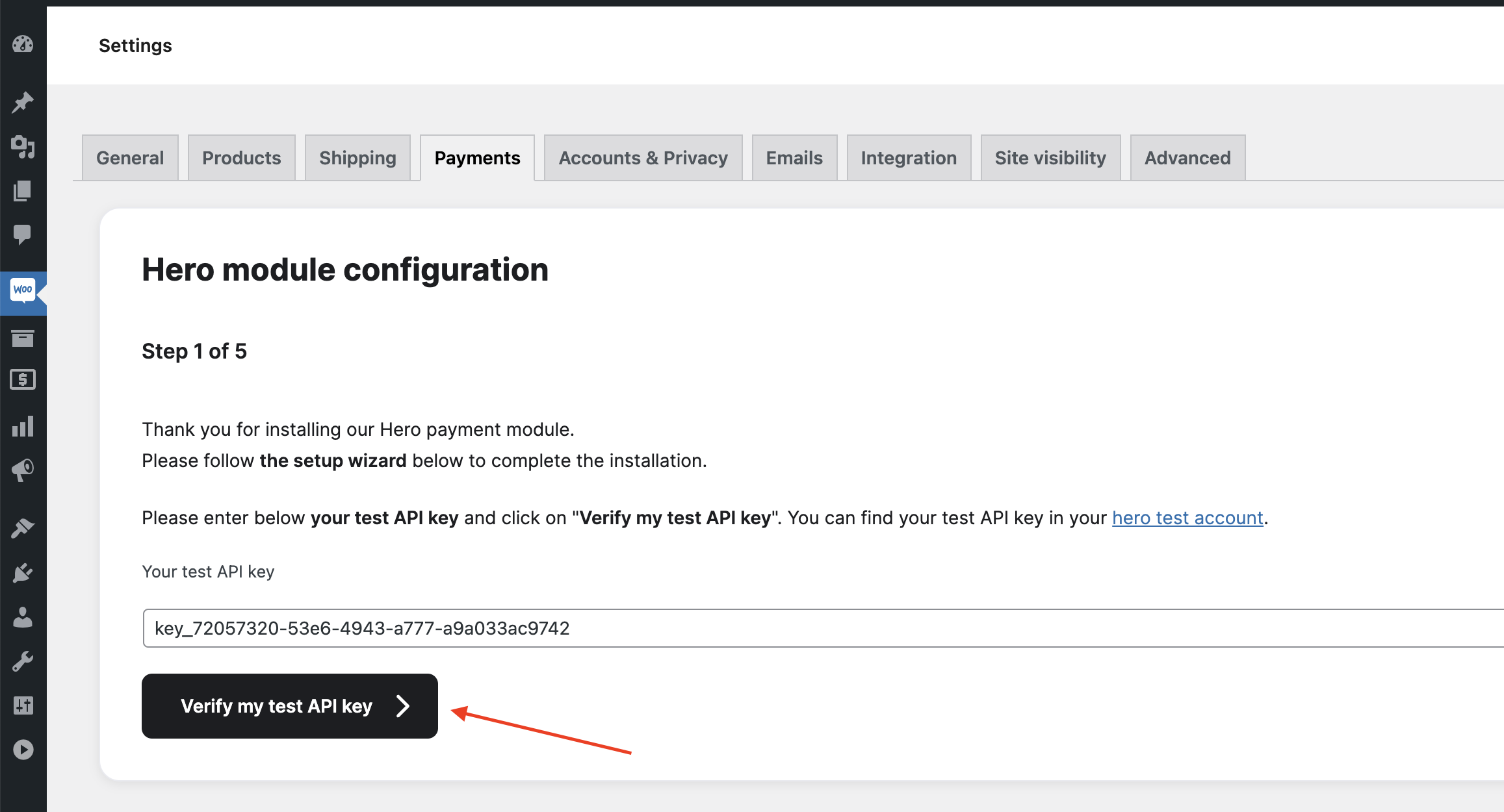 Check test API key button