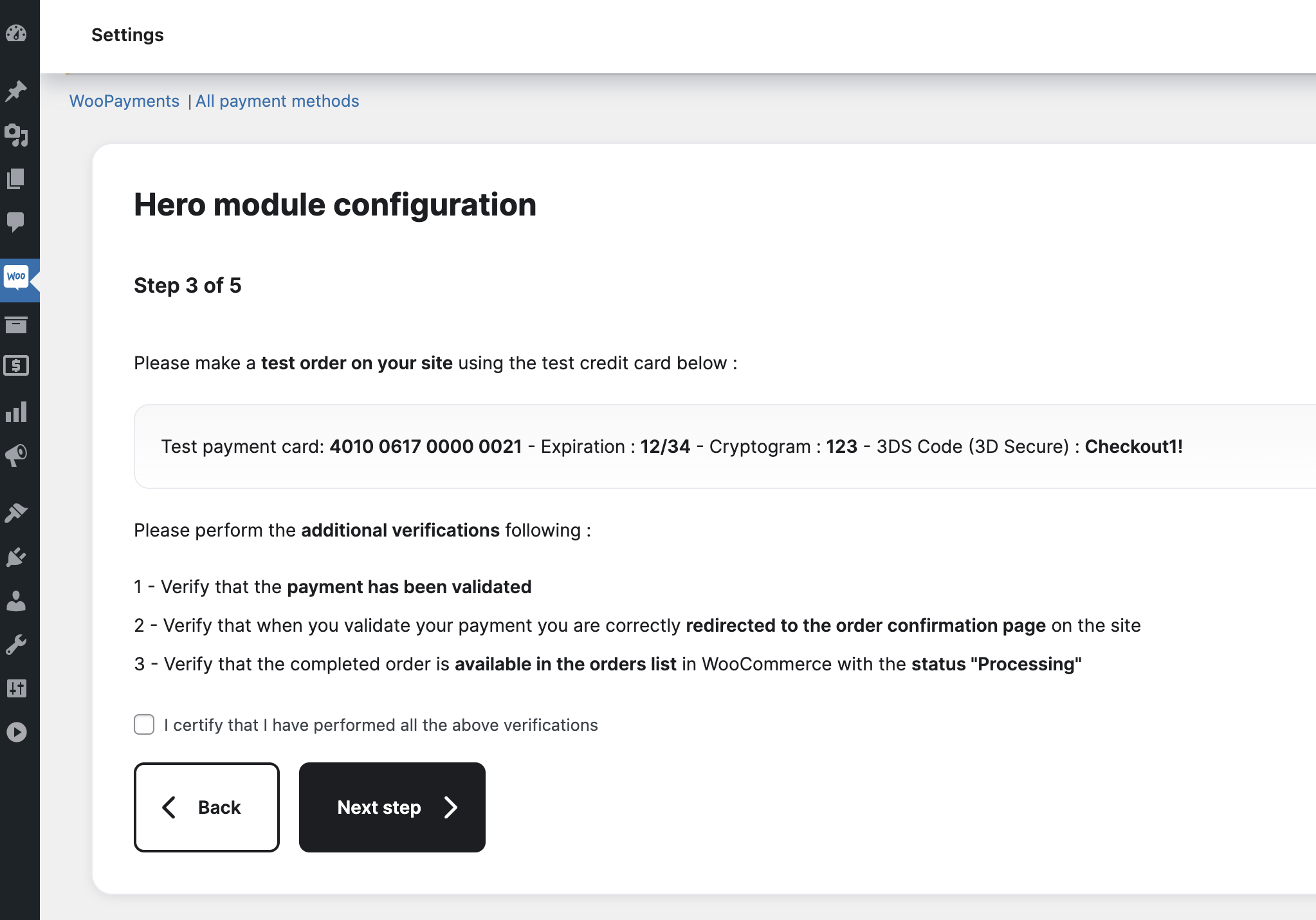 Test payment instructions