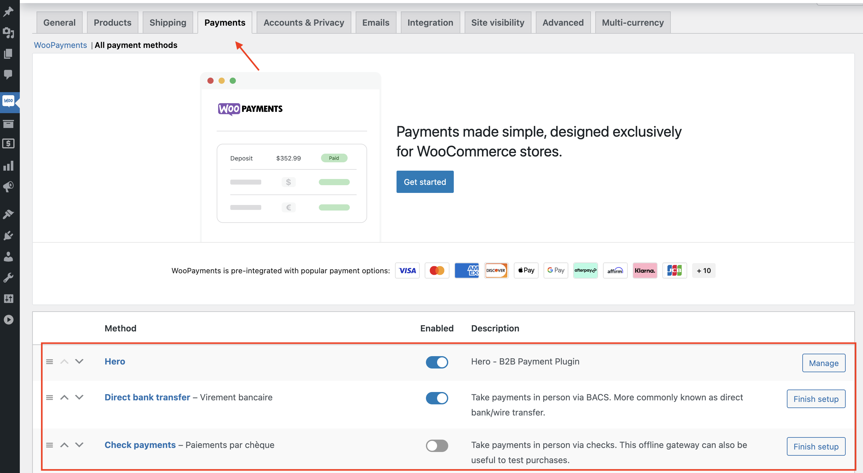 Payments tab
